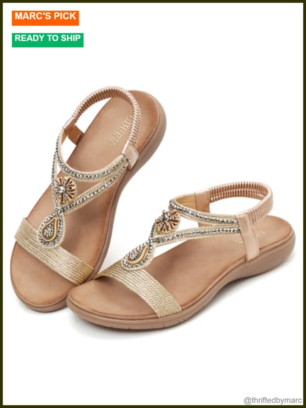 Women Rhinestone Flat T-Strap Sandals Bohemian Comfort Cushioned